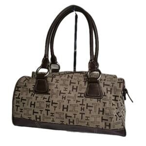 Vintage Tommy Hilfiger Initial Logo Shoulder Handbag Purse Brown Leather Canvas